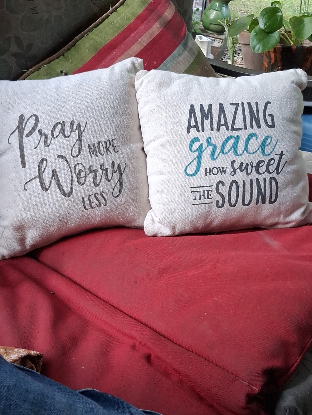 Set Of 2 White Throw Pillows with Teal & Gray Typography